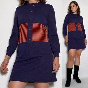 Vintage 1960s Navy & Red Striped Knit Mini Dress -- Medium to Petite Large